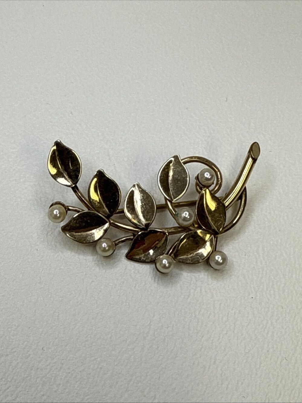 Carl Art 12K Gold Filled Faux Pearls & Leaf Branch Brooch Pin Vintage